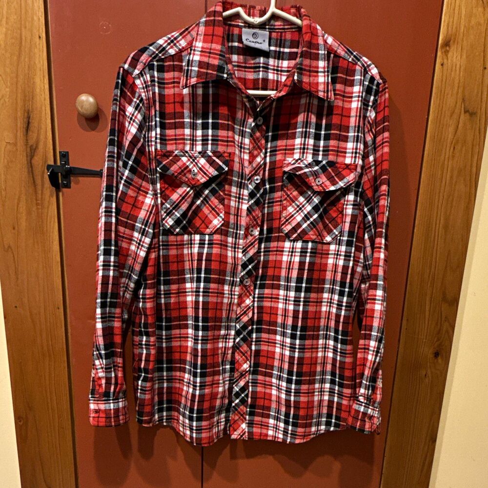 Centro Men's L Red Black White Plaid Flannel Long Sleeve Button-Up Pockets